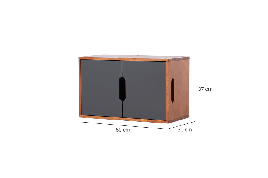 caixa madeira organizadora módulo 60x37 box com portas grafite em fundo infinito visto em diagonal com medidas importantes descritas na imagem