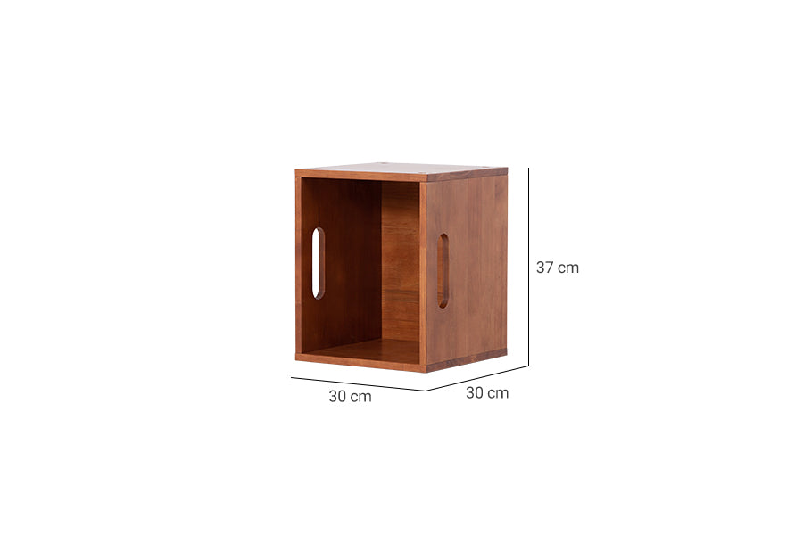 caixa madeira organizadora módulo 30x37 box caramelo em fundo infinito visto em diagonal com medidas importantes descritas na imagem