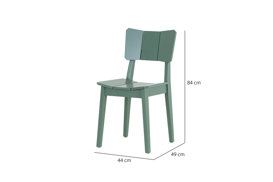 foto da cadeiras para cozinha uma na cor verde escuro em fundo branco visto na diagonal com medidas escritas na imagem