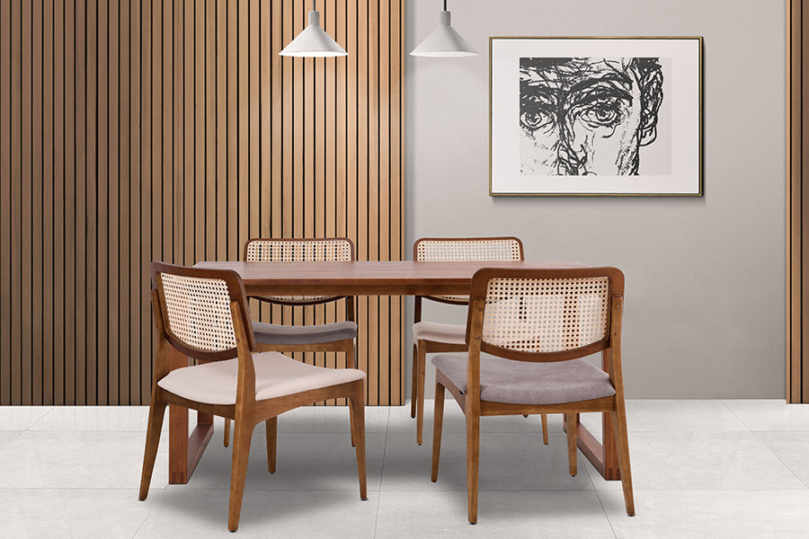 foto ambientada da mesa 6 lugares prisma na cor garapa em sala de jantar