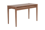 foto da mesa de jantar extensível pina na cor amêndoa em fundo branco vista na diagonal fechada