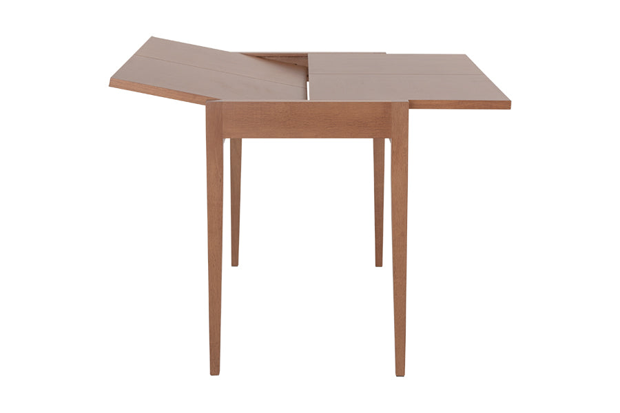 foto da mesa de jantar pequena extensível pina na cor amêndoa em fundo branco vista de lado sendo fechada