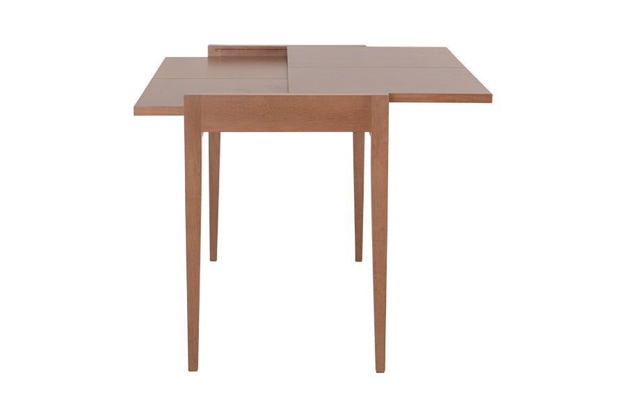 foto da mesa jantar 4 lugares extensível pina na cor amêndoa em fundo branco vista de lado sendo fechada