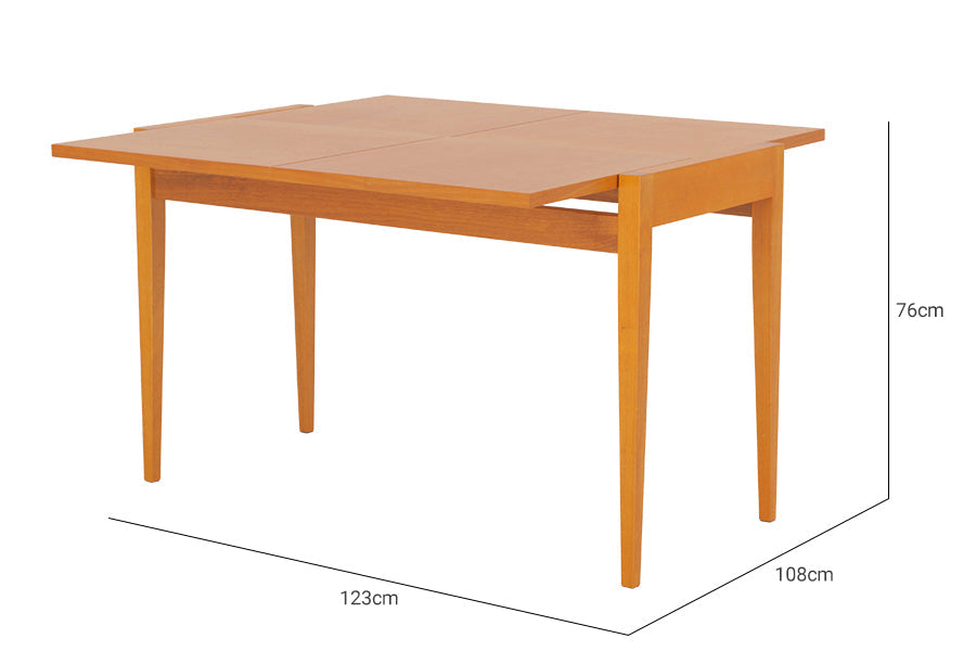 foto da mesa jantar extensivel pina na cor cerezo em fundo branco vista na diagonal aberta com medidas escritas na imagem