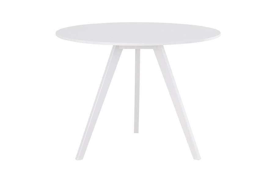 mesa de jantar redonda eme off white em fundo infinito visto de frente