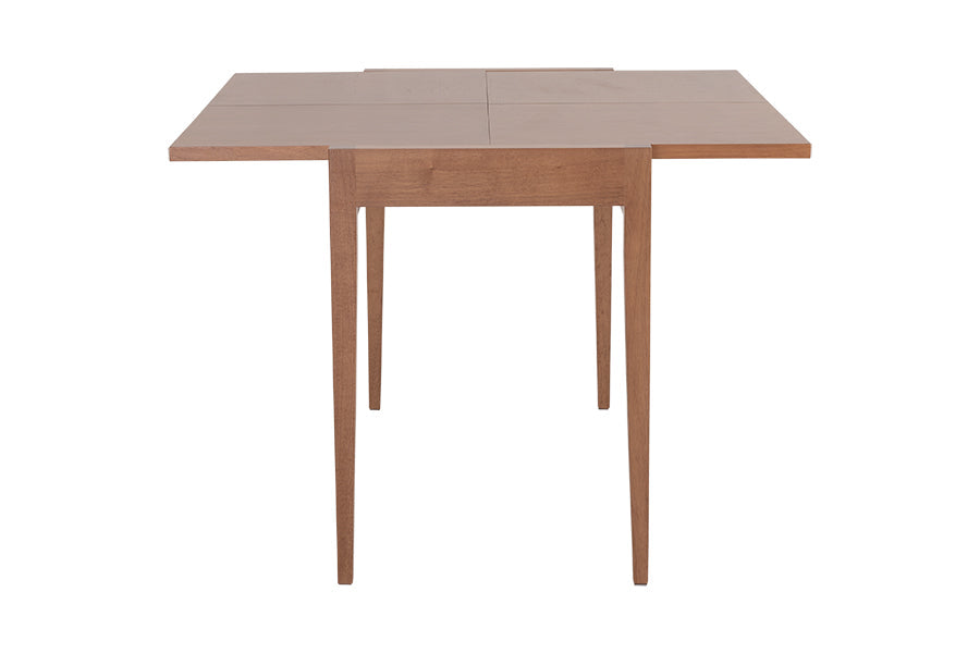 foto da mesa pequena para cozinha extensível pina na cor amêndoa em fundo branco vista de lado aberta