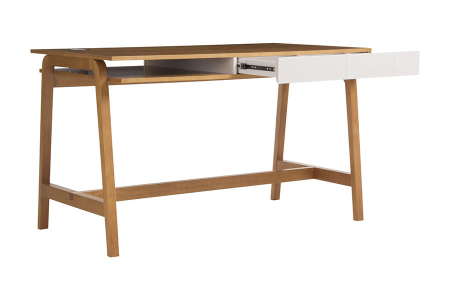 mesa escrivaninha com gaveta mandal 130x72 off white em fundo infinito com gaveta aberta