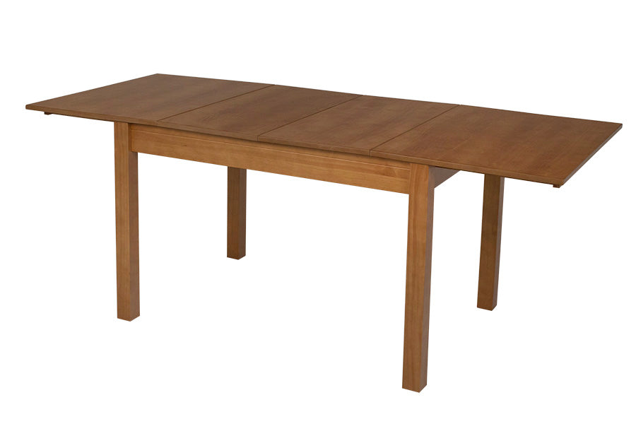 mesa retratil de madeira de jantar extensivel euro nozes vista na diagonal com tampo aberto com dois extensores