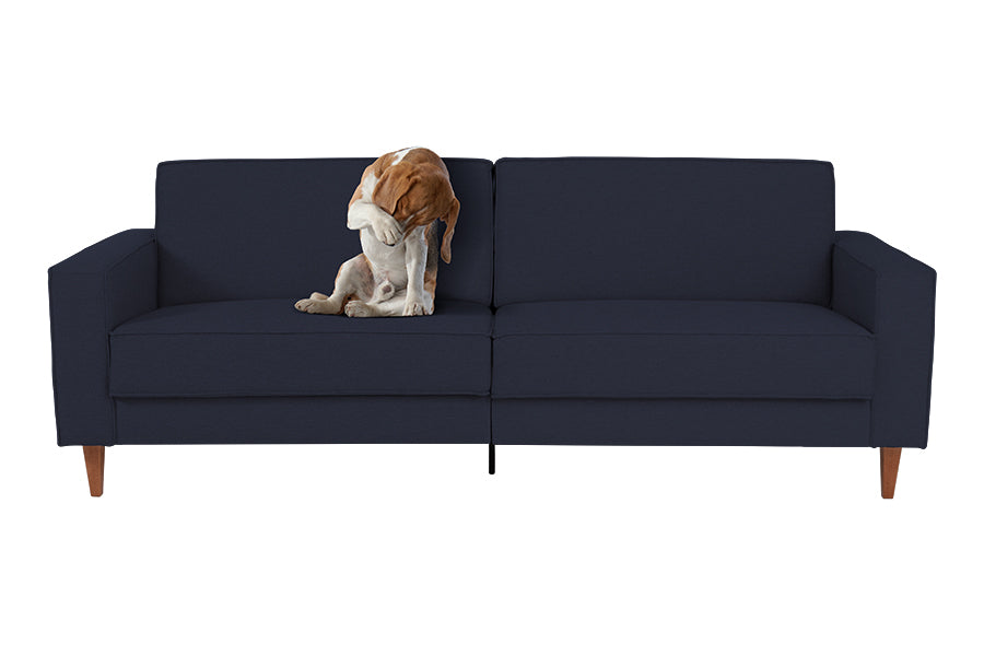 sofá colorido 3 lugares nairóbi tecido para pet azul marinho com cachorro em cima