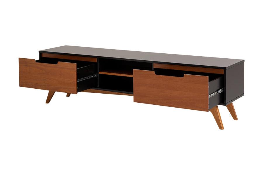 rack tv kepler garapa e preto em fundo infinito com gavetas abertas