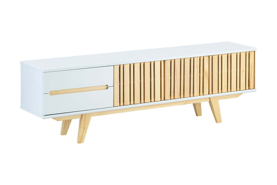 rack tv panteon off white 210 cm visto em perspectiva em fundo branco