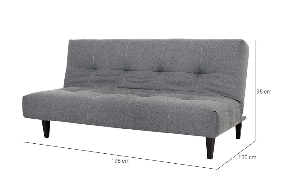 sofa camas casal 3 lugares denver cinza visto na diagonal em forma de sofa com medidas escritas na imagem