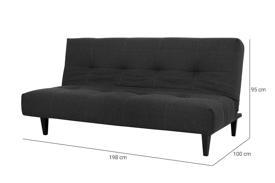 sofa camas casal 3 lugares denver grafite visto na diagonal como sofa com medidas escritas na imagem