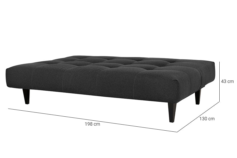 sofa cinza cama denver grafite visto na diagonal como cama com medidas escritas na imagem