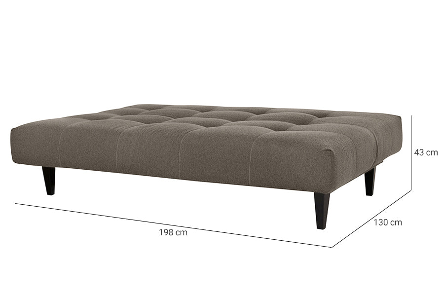 sofa reclinavel cama denver marrom visto na diagonal em forma de cama com medidas escritas na imagem