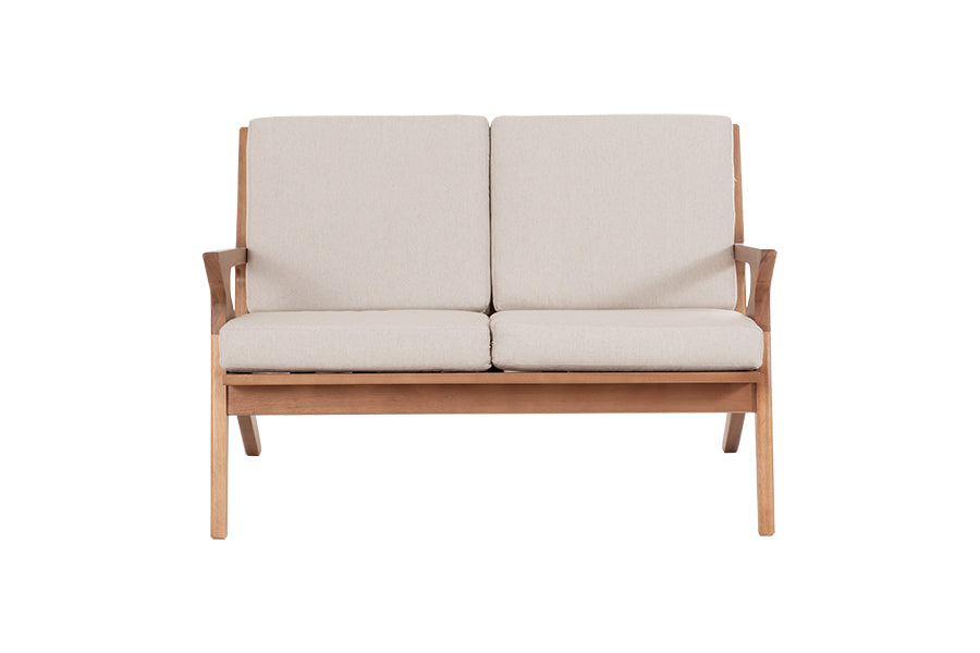 sofa 2 lugares para varanda tris amendoa e tecido cru em fundo infinito visto de frente