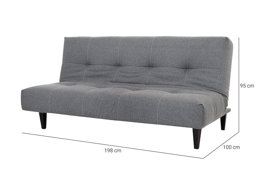 sofa cama casal 3 lugares denver cinza visto na diagonal em forma de sofa com medidas escritas na imagem