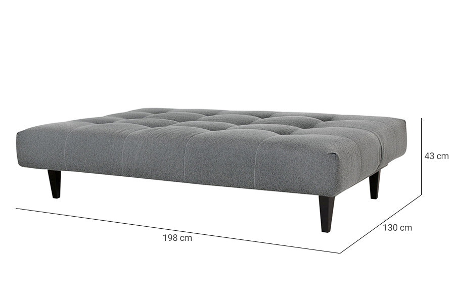sofa cama denver cinza visto na diagonal em forma de cama com medidas escritas na imagem