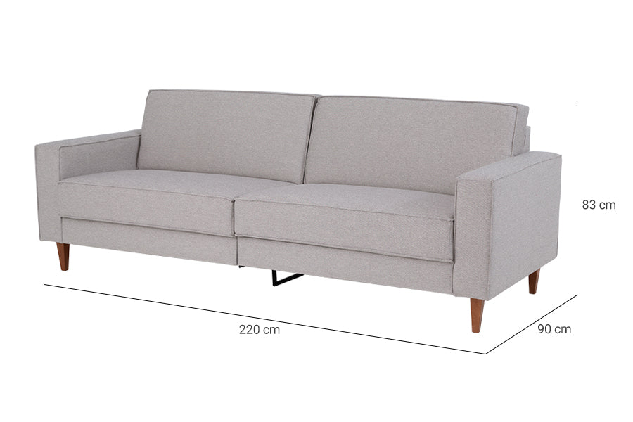 sofa cinza 3 lugares nairobi cinza claro em fundo infinito com medidas importantes descritas na imagem